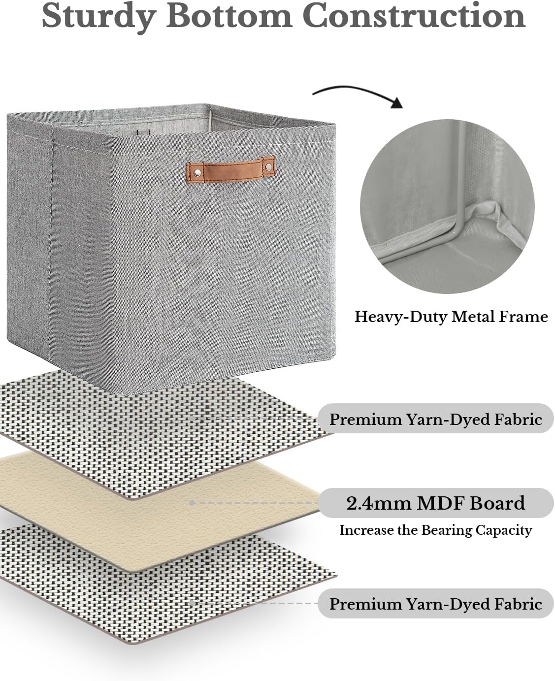 StorageWorks 13x13 Inches Storage Cube, Fabric Storage Bins with PU Handles, Collapsible Organizer Baskets for Closet, Gray, 4-Pack