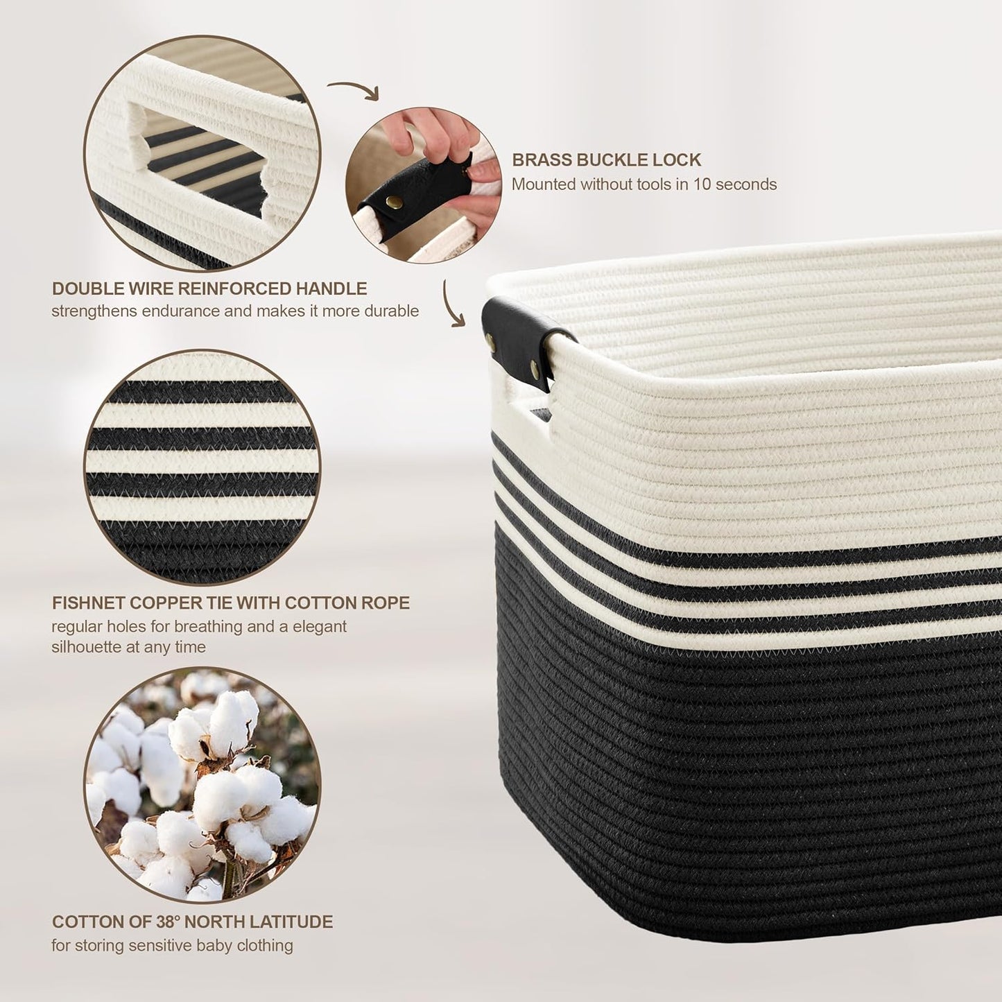 72L Large Laundry Basket with Leather Handles for Living Room Storage, Woven Rope Baskets Bin for Blanket, Kids Toy, Gifts, Wicker Hamper for Bedroom Dirty Clothes, 22"x17"x12" White Black