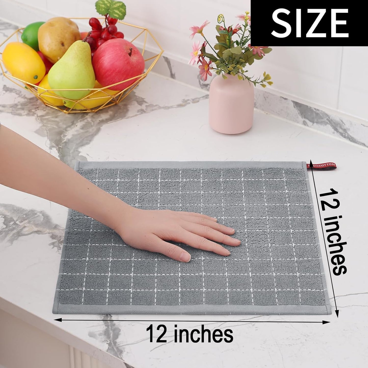 Homaxy 100% Cotton Terry Kitchen Dish Cloths, Ultra Soft and Absorbent Dish Towels for Kitchen, Suitable for Drying and Washing Dishes, 6 Pack, 12 x 12 Inches, Grey