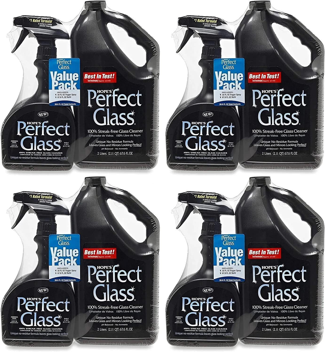 HOPE'S Perfect Glass Cleaner, Streak-Free, Ammonia-Free Window, Mirror, Screen, and Shower Door Cleaner, Indoor and Outdoor Glass Surfaces, 32 Fl Oz Spray Bottle and 67.6 Fl Oz Refill, Pack of 4