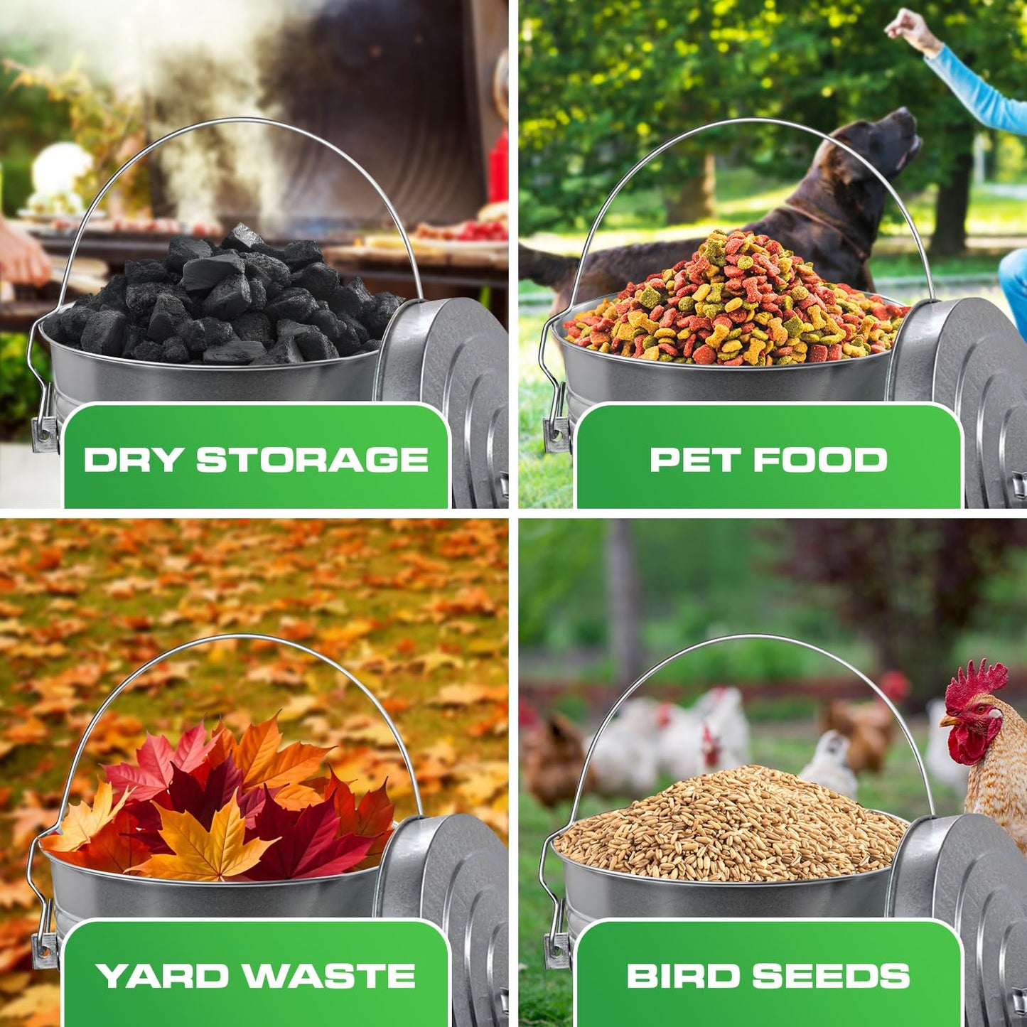 Plexon 6 Gallon Outdoor Trash Can with Lid Galvanized Metal Bucket with Locking Lid for Poultry Feed Bird Seed Storage Ash Small Garbage Can, 6 Pack