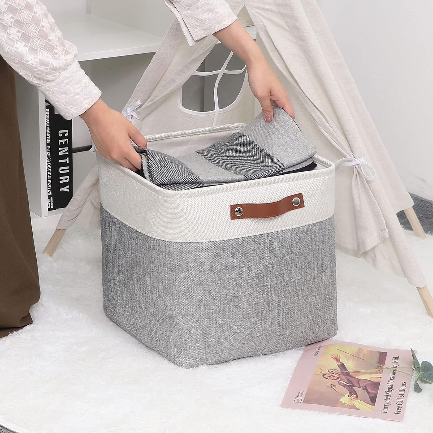 DULLEMELO Cube Basket for Storage, Collapsible Fabric Cube for Organizing, Storage Cube for Closet, Laundry, Nursery, Shelves, Decorative Basket for Gifts Empty (White&Gray)