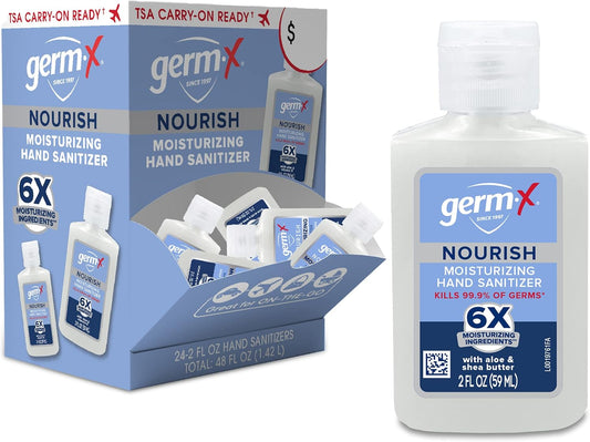Germ-X Nourish Hand Sanitizer, 2-in-1 Moisturizing and Sanitizing Formula with Shea Butter, Vitamin E & Aloe, Non-Greasy, Mini Travel Size for On-The-Go, Back to School Supplies, 2 Fl Oz (Pack of 24)