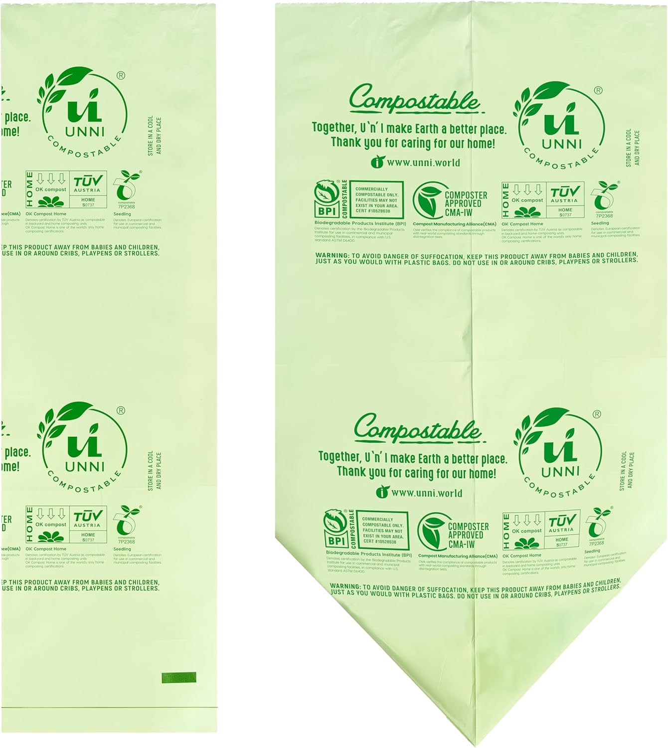 UNNI Compostable Trash Bags, 8 Gallon / 30 Liter, 200 Count Value Pack, Extra Thick 0.85 mil Medium Kitchen Food Scrap Bin Liners, BPI, CMA & OK compost HOME Certified (Meets ASTM D6400)