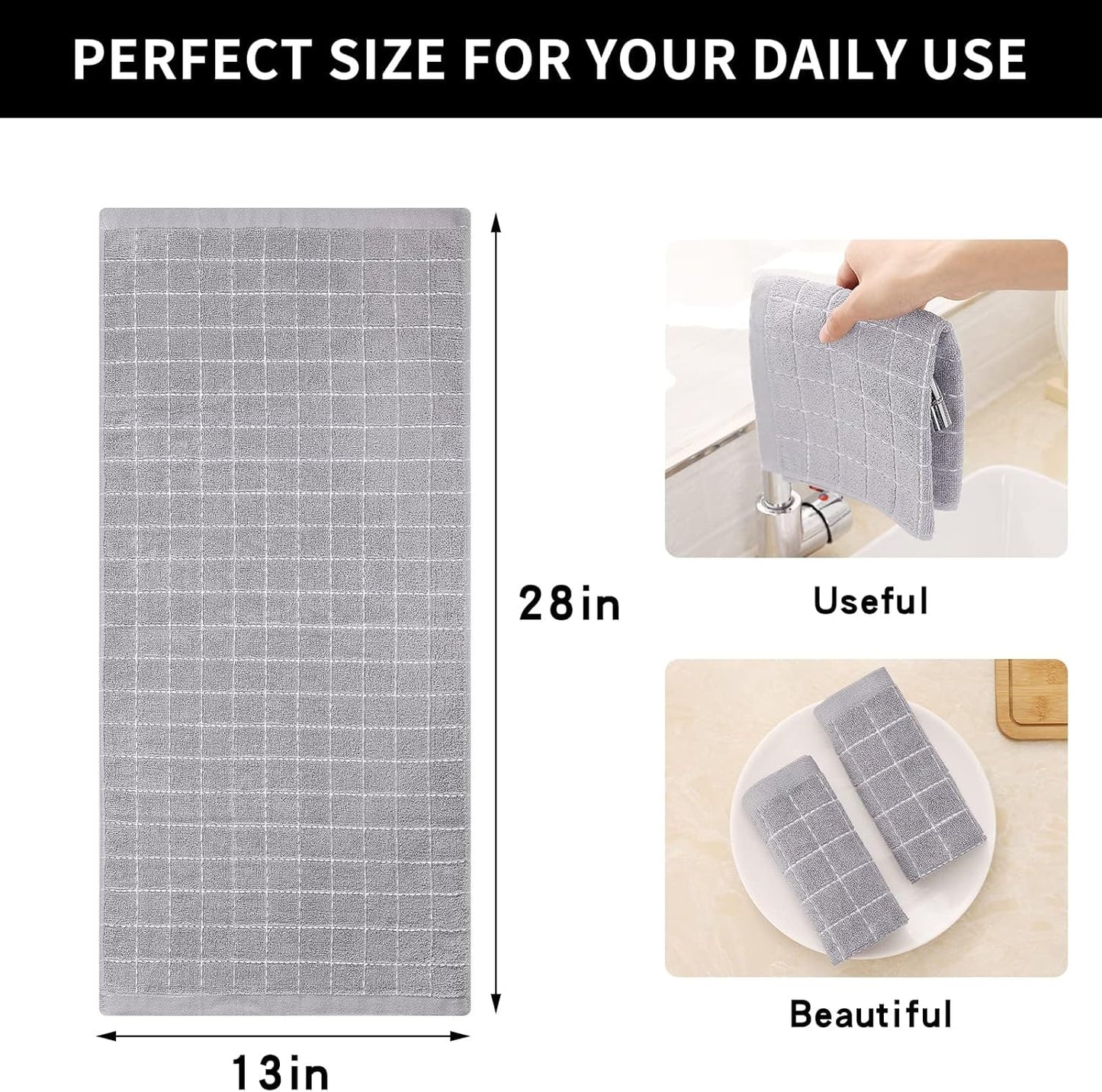 Homaxy 100% Cotton Terry Kitchen Towels(Light Grey, 13 x 28 inches), Checkered Designed, Soft and Super Absorbent Dish Towels, 8 Pack