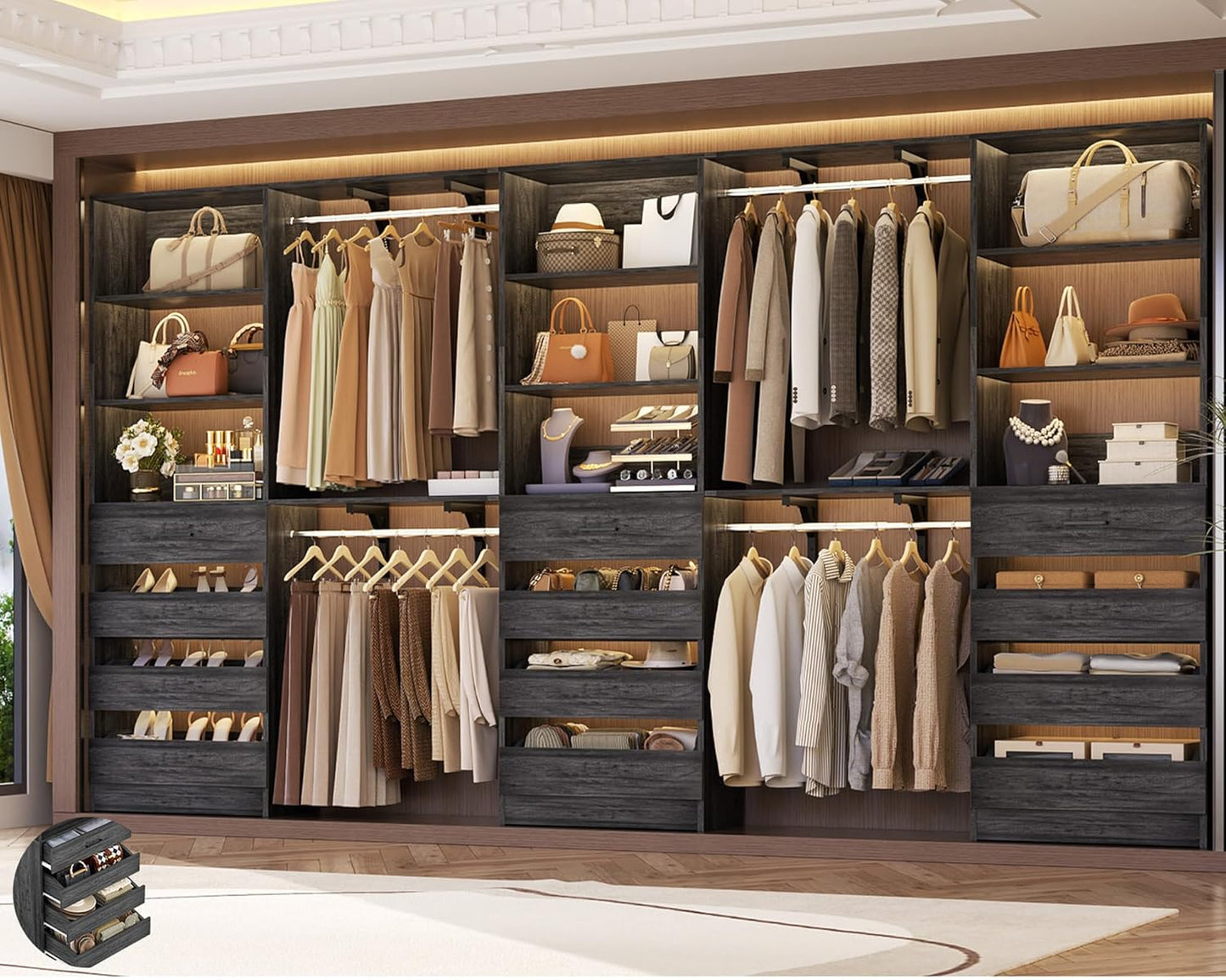 Aheaplus Closet System Set of 3, 138.5" Wood Closet Organizer System Tower with 12 Drawers & 4 Hanging Rods, 6.7+4.85Ft L Shaped Walk-in Closets Wardrobe Organizer Garment Rack with Shelves, Black Oak