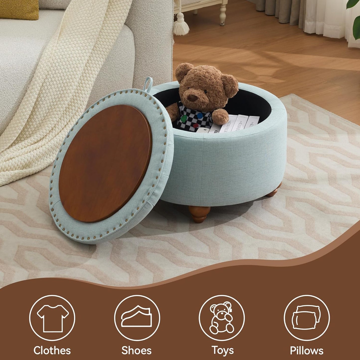 24Inch Round Storage Ottoman with Tray, Modern Tufted Fabric Circle Coffee Table with Storage, Upholstered Ottoman with Removable Top for Living Room, Bedroom, Light Blue