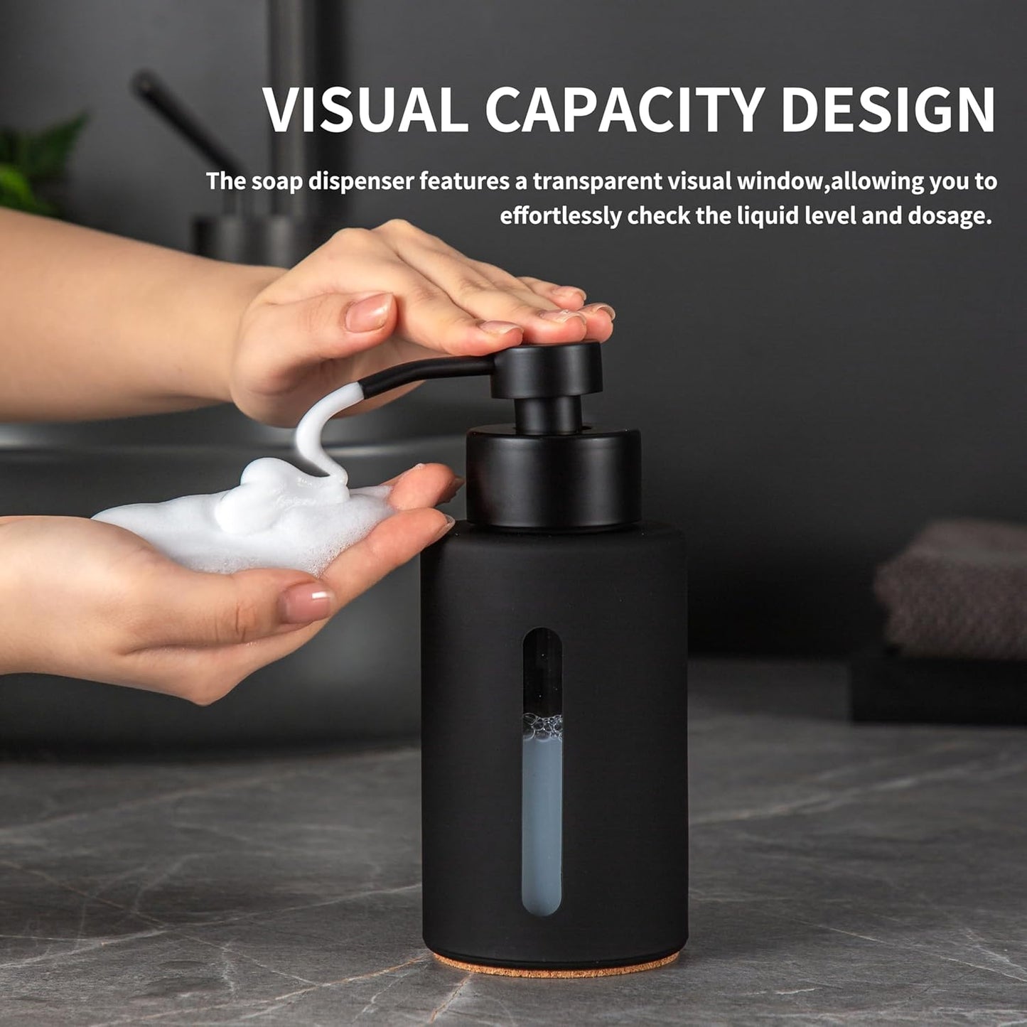 Enra Foaming Soap Dispenser with Window,12oz Bathroom Hand Soap Dispenser with Stainless Steel Foam Pump, Modern Thick Glass Refillable Bottle for Bathroom Kitchen (Black Foam Dispenser)