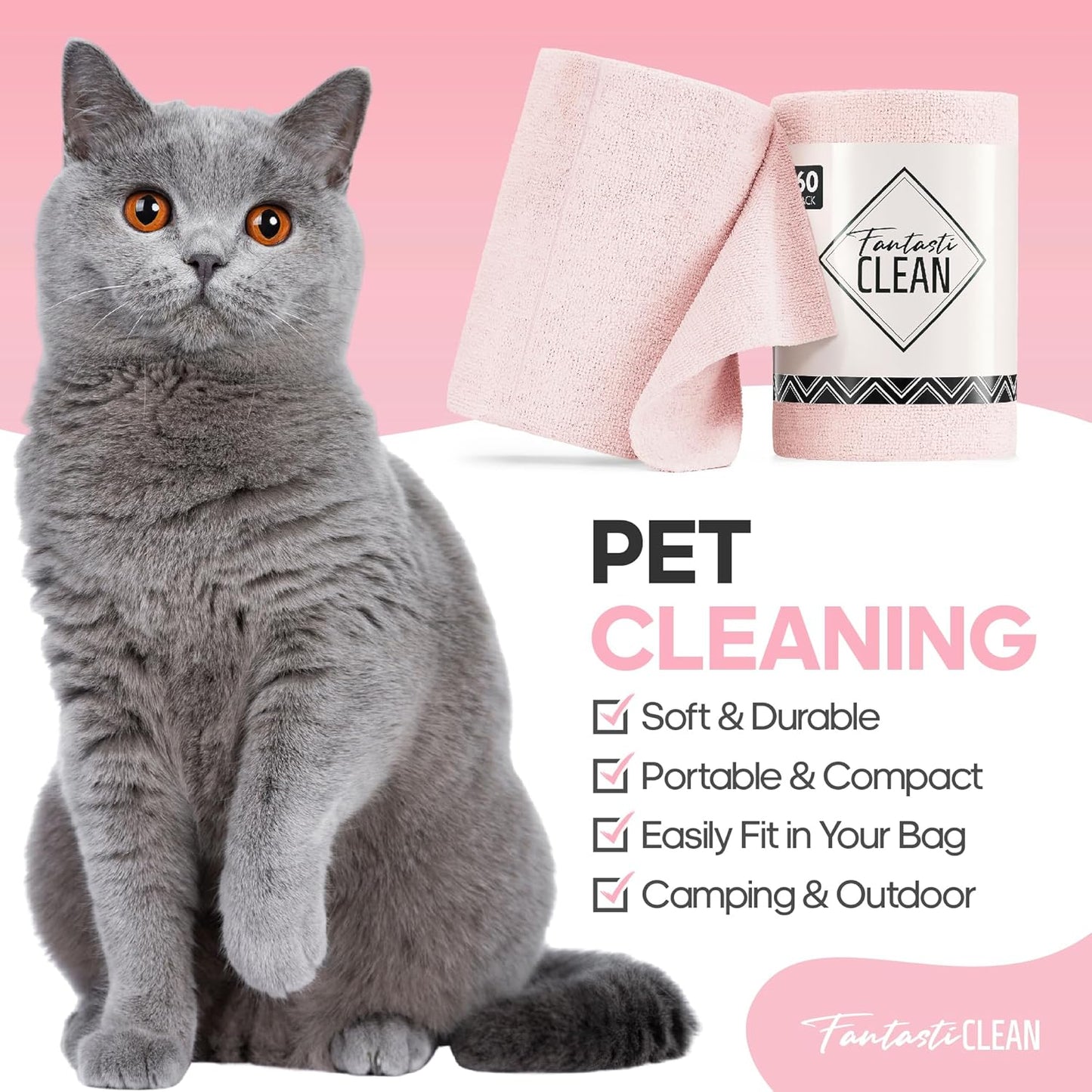 Fantasticlean Microfiber Cleaning Cloth Roll -60 Pack, Tear Away Paperless Towels, 8" x 8", Reusable Washable Rags, for Home Kitchen, Pet, Office, Indoor Outdoor, Compact and Portable (Pink)