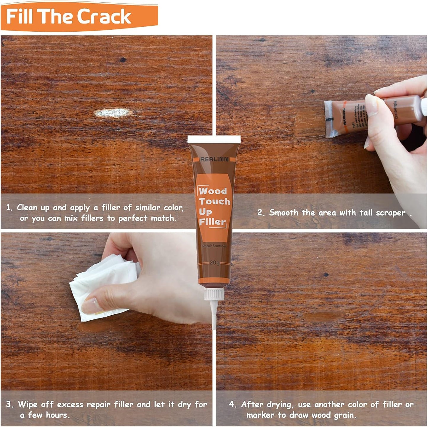 REALINN Wood Furniture Repair Kit 8 Dark Colors- Wood Fillers and Touch Up Markers, Repair Scratch, Cracks, Discoloration for Wooden Door, Floor, Table, Cabinet