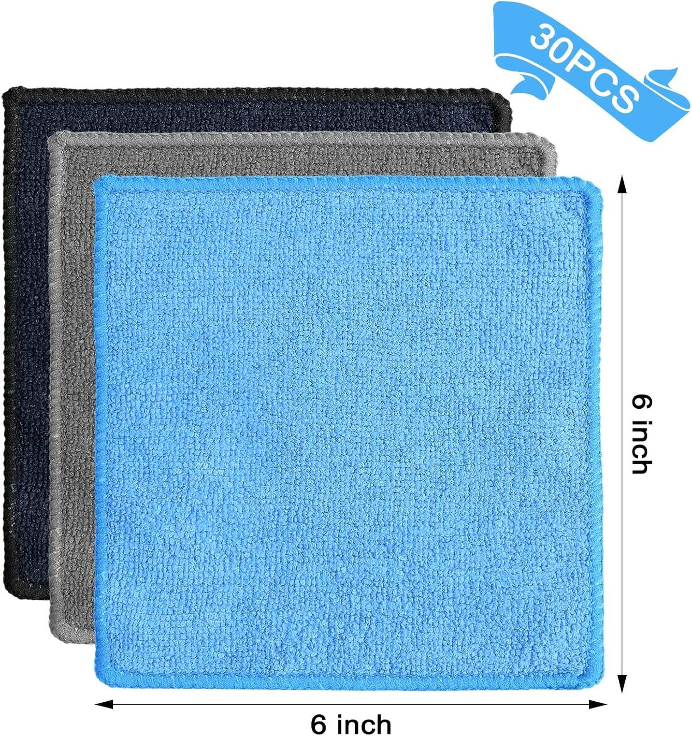 Tanlade 30 Pcs Microfiber Cleaning Cloth 6"x6" Cleaning Rags Reasonable Kitchen Towels Microfiber Towels Cars Wash Dry Erase Cloth (Blue/Gray/Black)
