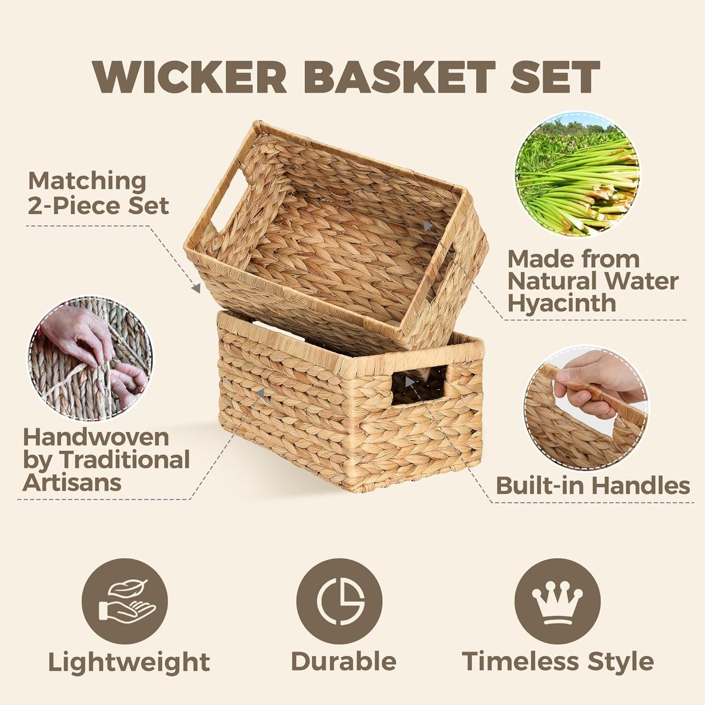 Set of 2 Wicker Shelf Storage Baskets for Organizing - Natural Durable Water Hyacinth Woven Basket Pantry Bin Organizers for Shelves with Handles for Home & Decor Organization, 12.5” x 8” x 6.5”