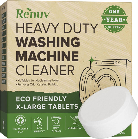 Renuv Heavy Duty Washing Machine Cleaner and Descaler - Deep Cleaning Tablets For Front Load or Top Load Washer (12 XL Tablets - One Year Supply)