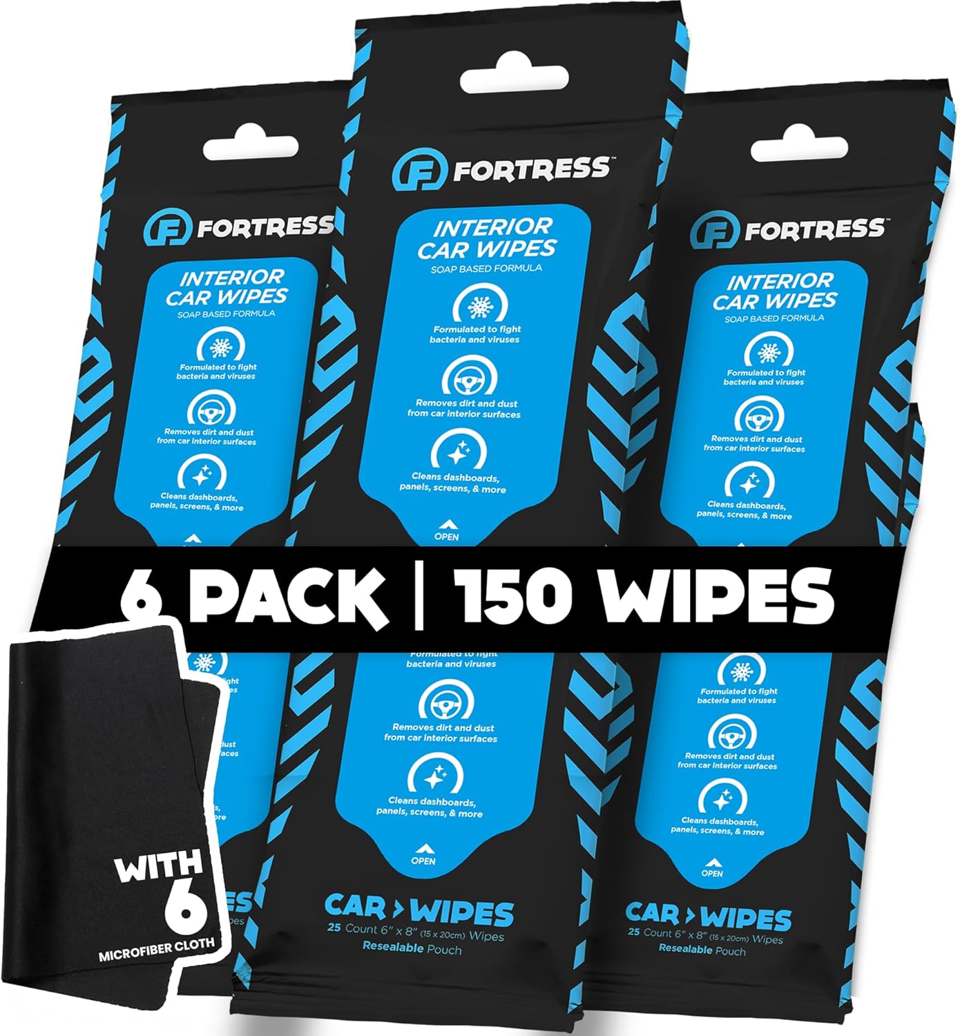 Fortress Car Wipes with Microfiber Cloth (25 ct, Pack of 6) for Interior Cleaning, Dashboard, Seats, Detailing, Steering Wheel [Travel Size] Skin-Safe Cleaner Supplies