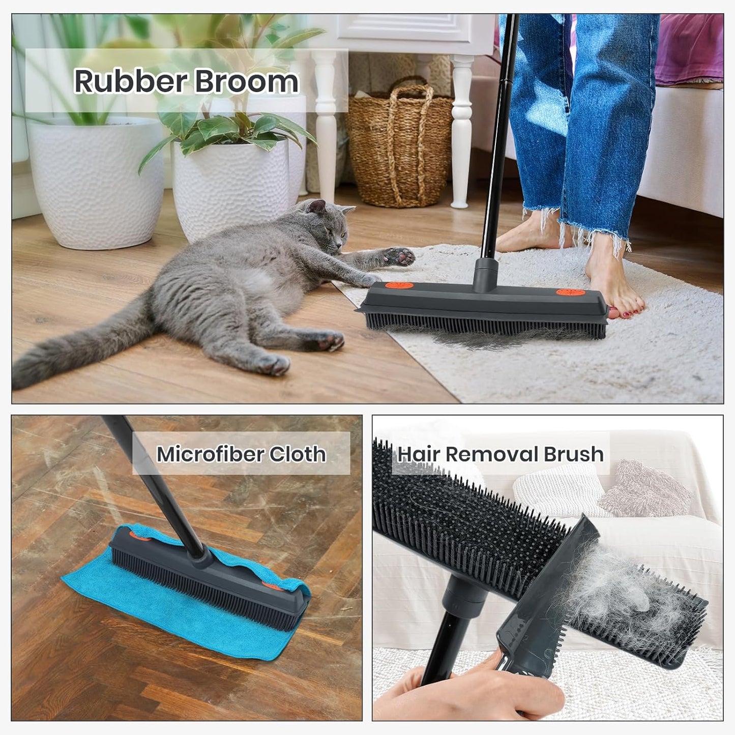 MAVRIZ Rubber Broom Carpet Rake for Pet Hair Removal, Pet Hair Broom for Hardwood Floor, Fur Remover with Squeegee