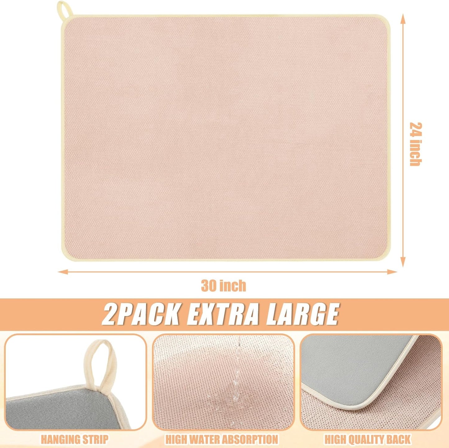Hushee 2 Pack Extra Large Dish Drying Mat Microfiber Absorbent Dish Drying Pad Large Size Dishes Drainer Mats for Countertop, Sink, Refrigerator or Dryer (30 x 24 Inch,Beige)