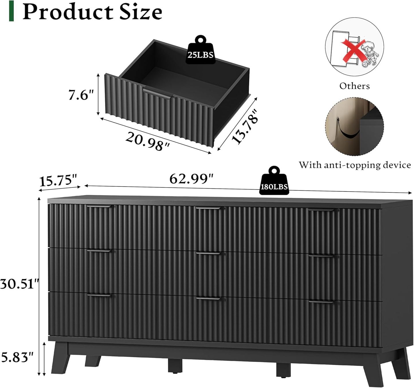 Fluted Dresser with 9 Drawers, 63" Wide Modern Chest of Drawers with Metal Handle, Wooden Dresser TV Stand, Wood Closet Clothes Storage Organizer for Bedroom, Living Room, Hallway, Solid Black