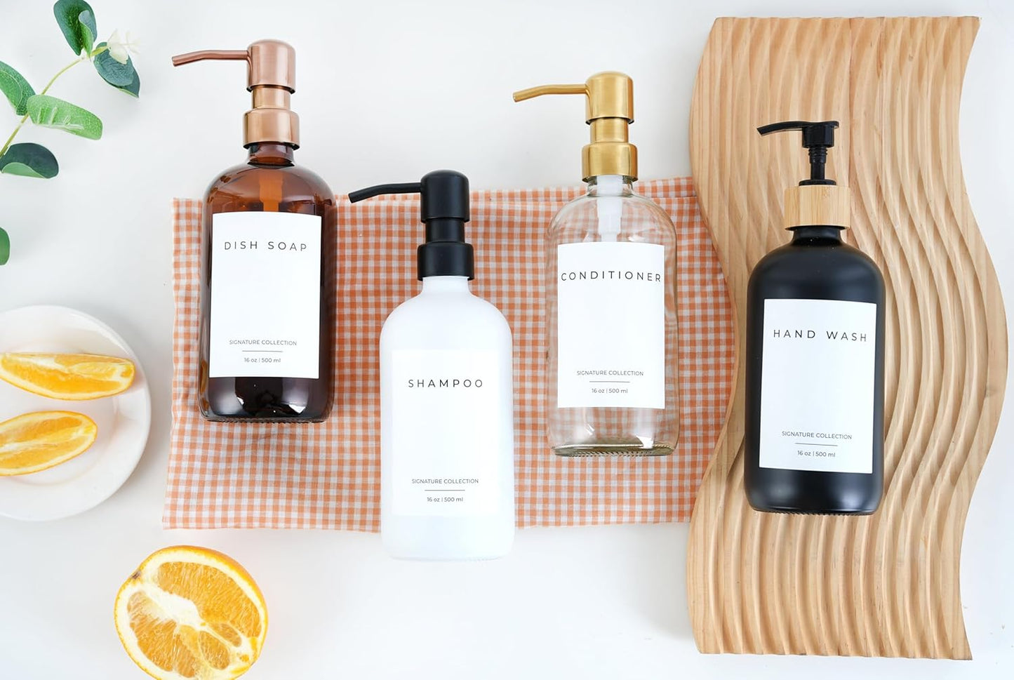 Emerson Essentials Soap Dispensers, Dish Soap Set for Kitchen, Farmhouse Bathroom Set, Hand Soap Dispenser | Glass Soap Dispenser with Pump and Labels, 16 Oz, 2 Pack