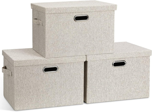 Large Quart Collapsible Stackable Storage Bins with Lids, 3 Packs Beige Linen Fabric Closet Boxes with Lids, Storage Cube Baskets Container Organizers for Bedroom Office(16.6 x 11.7 x 10.8)