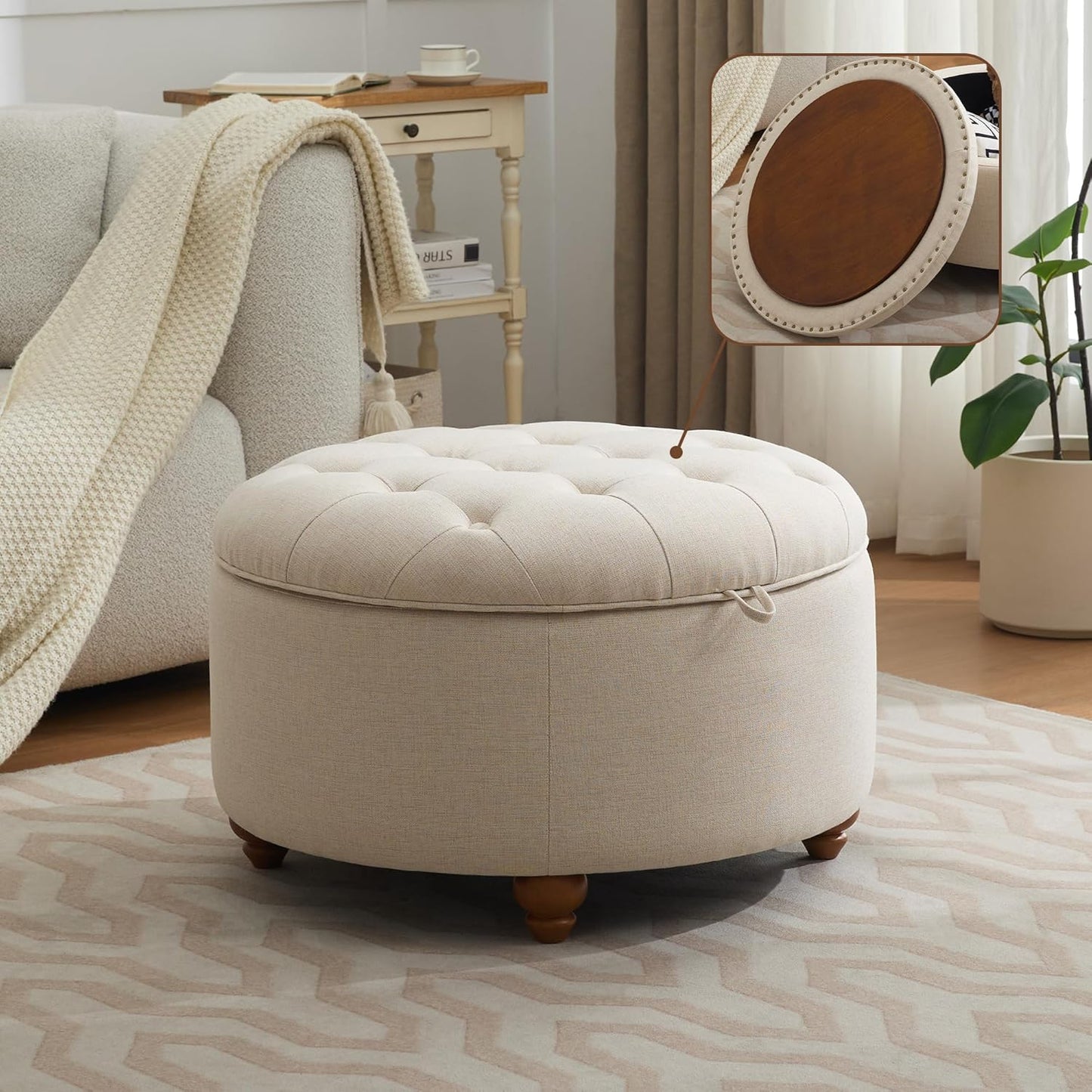 30Inch Round Storage Ottoman with Tray, Modern Tufted Fabric Circle Coffee Table with Storage, Upholstered Ottoman with Removable Top for Living Room, Bedroom, Khaki