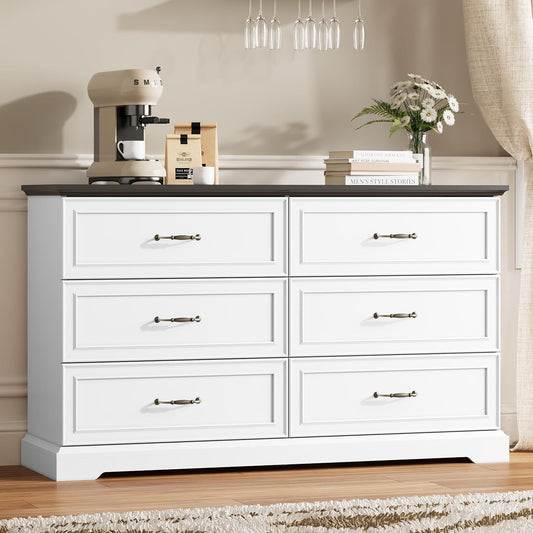 6 Drawer Dresser for Bedroom, 53" Wide Wooden Chest of Drawers, Rustic Farmhouse Dresser with Large Drawers & Metal Handles, Modern Storage Organizer for Closet, Living Room, Hallway, White