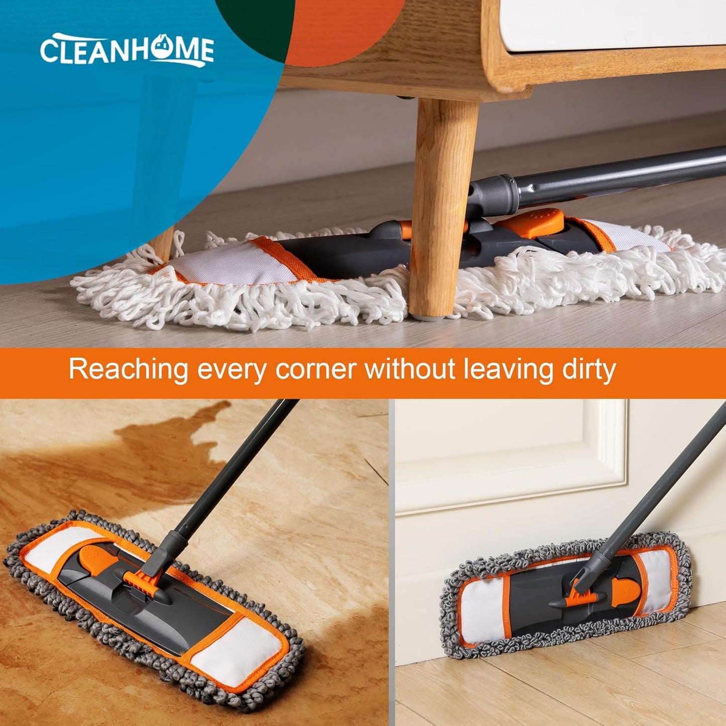 Mops for Floor Cleaning with 3 Different Washable Pads and Extendable 55” Long Handle, Multifunction Dust Mop for Hardwood,Marble,Tile Floor Mopping,Orange