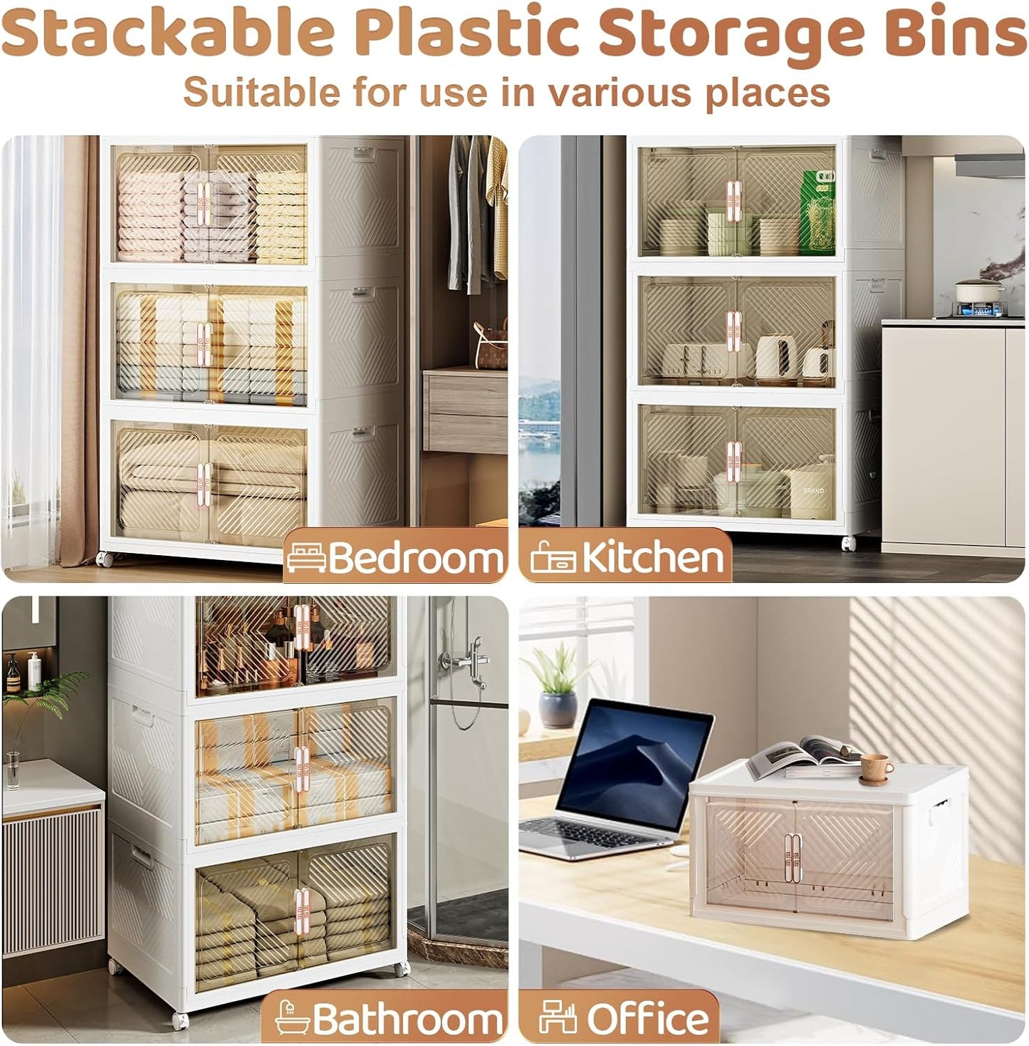 Storage Bins with Lid 120QT, Stackable Storage Containers with Wheels and Magnetic Doors, Plastic Clothes Closet Organizers and Storage Box for Pantry, Home and Office (4 Pack)