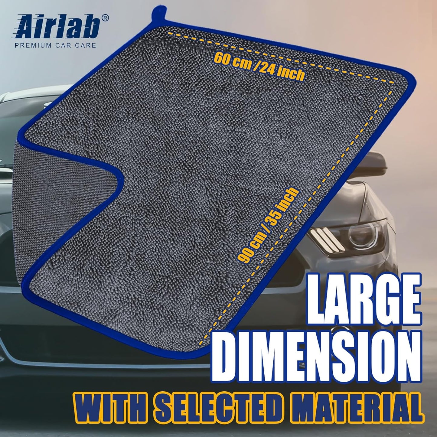 Airlab Microfiber Towels for Cars Wash Drying Extra Large Super Absorbent Cleaning Cloth Auto Detailing Ultra Soft, Lint-Free, Streak-Free, 35 x 24 Inch, Pack of 1, Grey-Blue, 600 GSM
