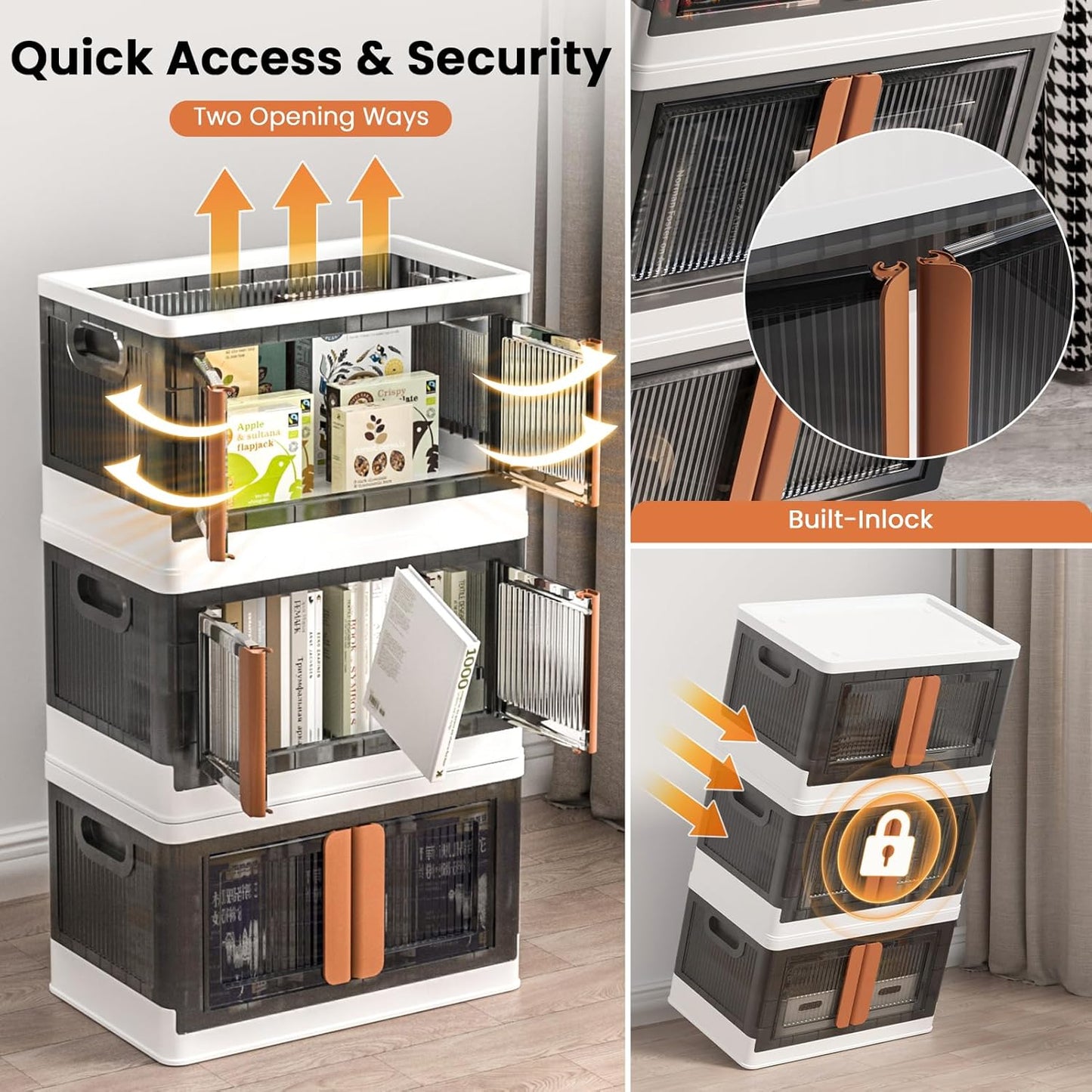 8.4Gal Collapsible Storage Bins with Lids & Wheels - 1 Pack Stackable with Doors, Heavy-Duty Plastic Containers for Home/Office, White