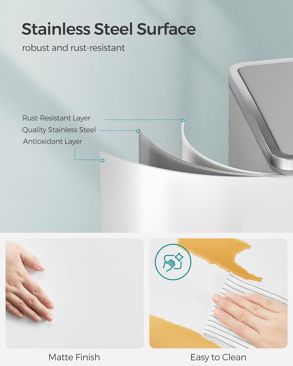 SONGMICS Trash Can, 2 x 8 Gallon (2 x 30 L) Garbage Can for Kitchen, with 15 Trash Bags, 2 Compartments, Plastic Inner Buckets and Hinged Lids, Airtight, White and Gray ULTB60WT