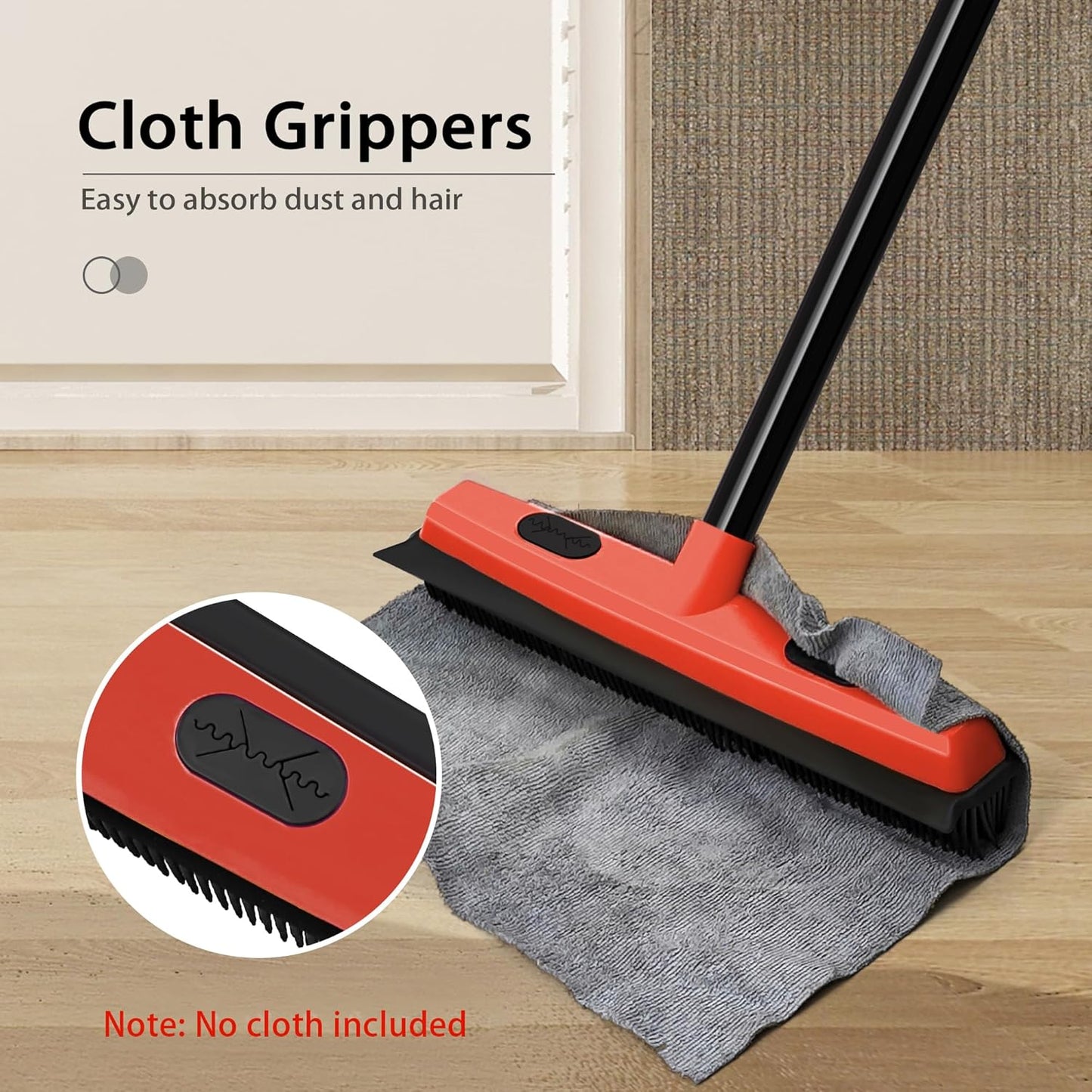 JEHONN Rubber Broom Carpet Rake Brush for Pet Hair with Squeegee, 52.8 inches Long Handle Silicone Fur Scraper Removal Tool with Detailing Lint Comb for Rug, Tile, Hardwood Floor Cleaning (Red)