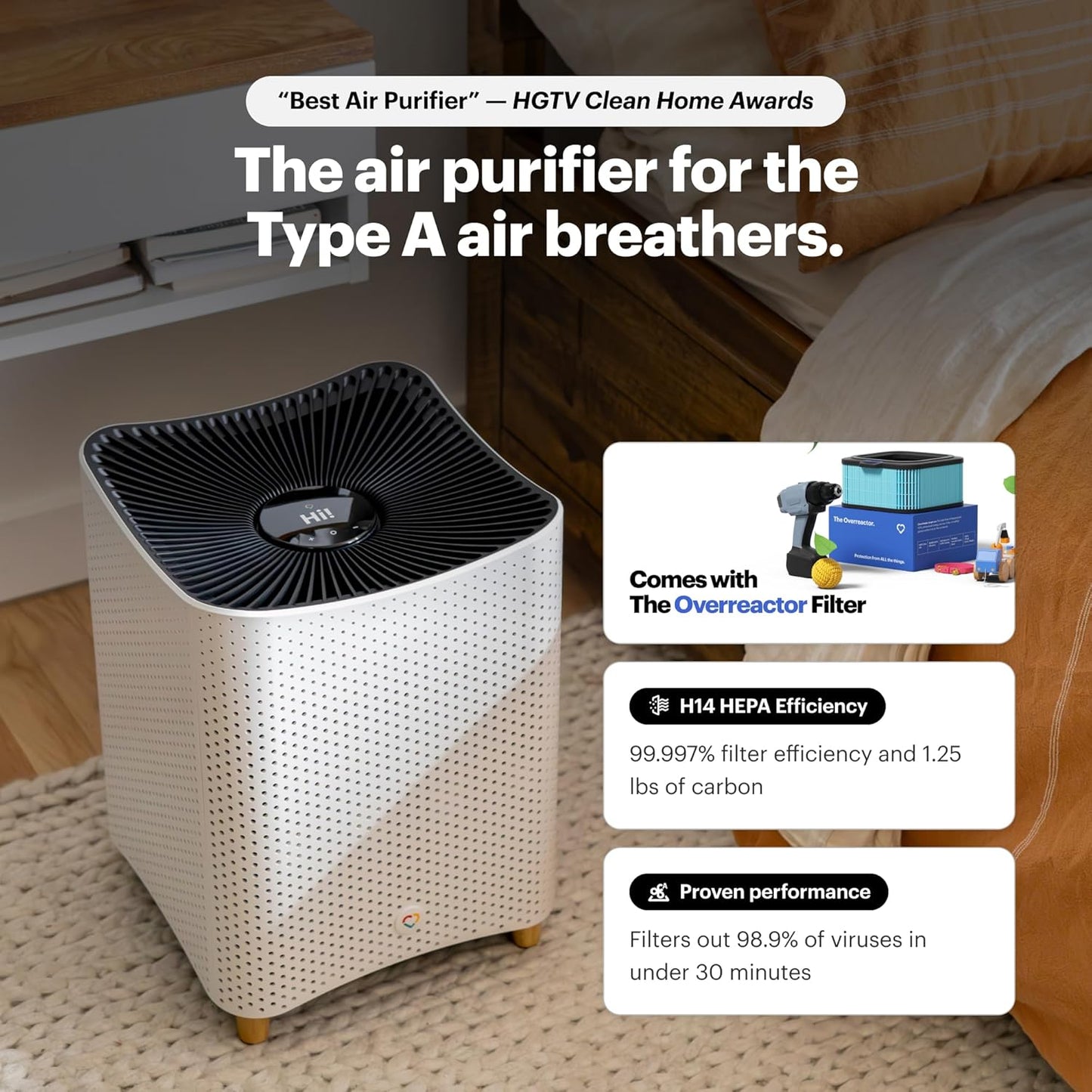 Mila Air 3 Smart Home Air Purifier with Overreactor H14 HEPA Replacement Filter, Removes Formaldehyde, VOCs, Dust & Odors, Ideal for Large Room or Bedroom, Quiet-Mode