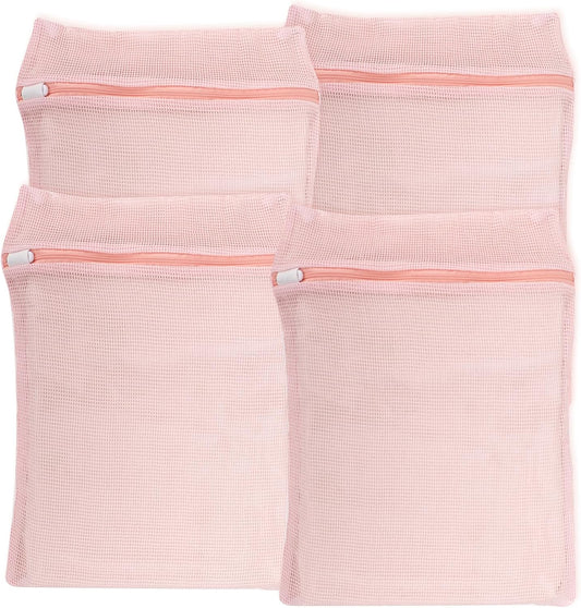 4-Piece Pink Medium Durable Organic Cotton Mesh Laundry Bags with Sturdy Zippers and Breathable Mesh are Delicate Laundry Bags for Underwear, Clothes, Pants and Socks
