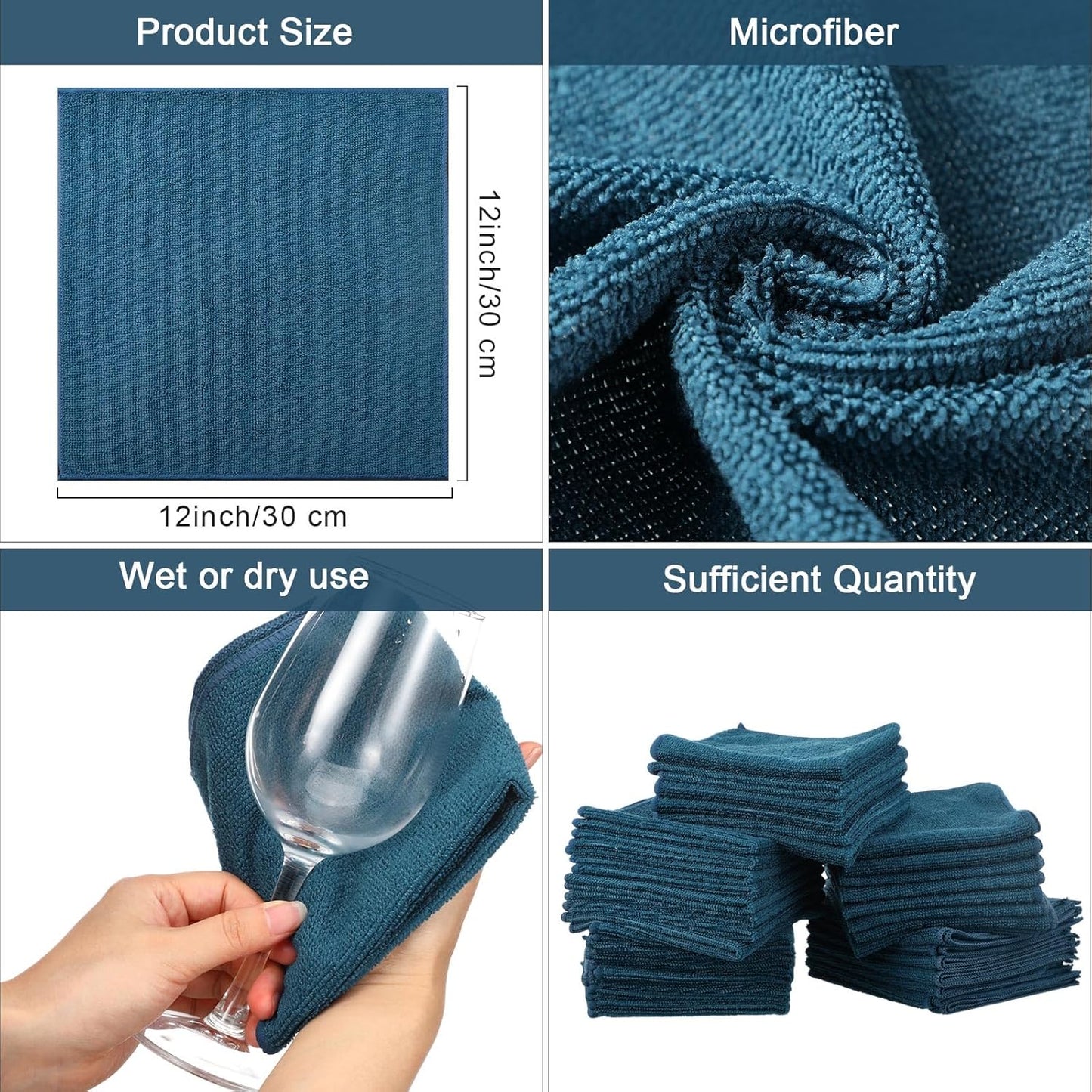 Tenare 100 Count12'' x 12'' Microfiber Cleaning Cloths Reusable Cleaning Rags Bulk Microfiber Towels Softer Highly Absorbent Washcloths for House Kitchen Car Window(Teal)