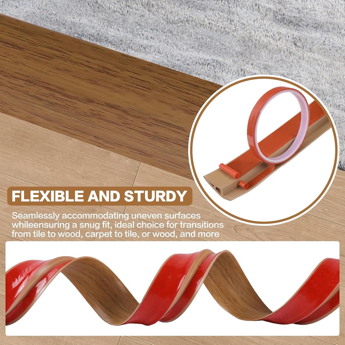 Floor Transition Strip Vinyl Door Threshold Ramp Self Adhesive Carpet Edging Strip Doorway Edge Trim, Overlap Edge Reducer for Laminate Carpet, Floor, Tile (Orange Oak, 1/5" to 2/5", 3.3Ft)