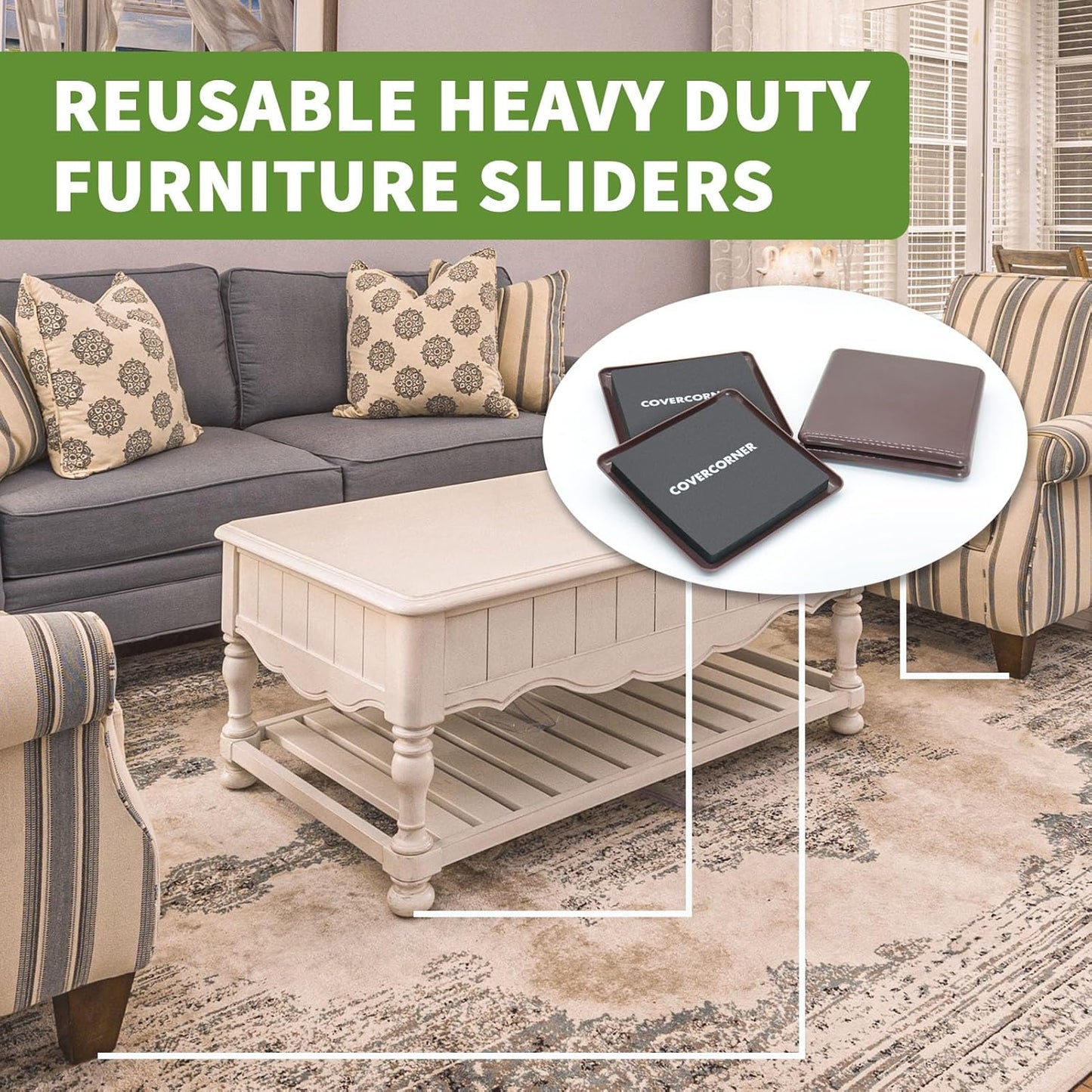 Furniture Sliders for Carpet 8 PCS - 5 inch Furniture Moving Slider Chair Legs Floors Protectors Square Furniture Movers Sliders – Move Your Furniture Easy & Safely(for Carpet)-Brown