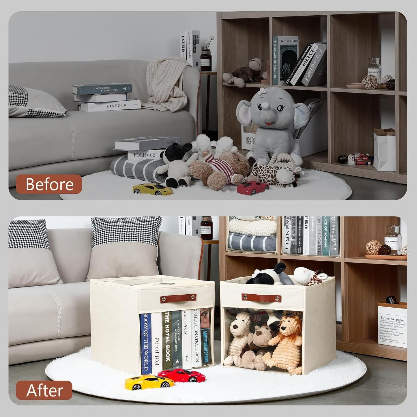 HNZIGE Fabirc Storage Cubes Bin 13x15x13 Clear Storage Cube, 4 Pack Foldable Cloth Cubby Storage Bins for Cube Organizer Closet Cabinet, Large Fabric Storage Bins for Shelves Organizer Bins- Cream