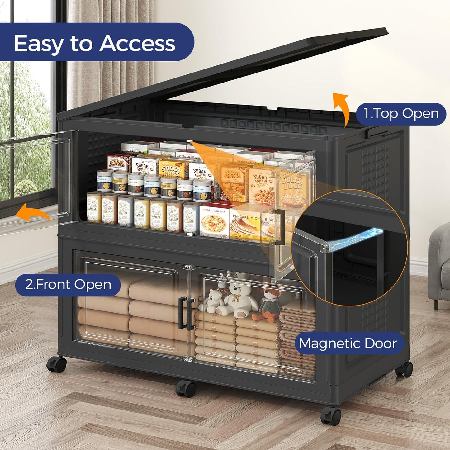 160GAL Extra Large Storage Bins with Lid, 640Qt Stackable Closet Organizers and Drawers, Collapsible Storage Bins with Wheels, Folding Storages Cabinet for Home Bedroom Office, 4Pack Black