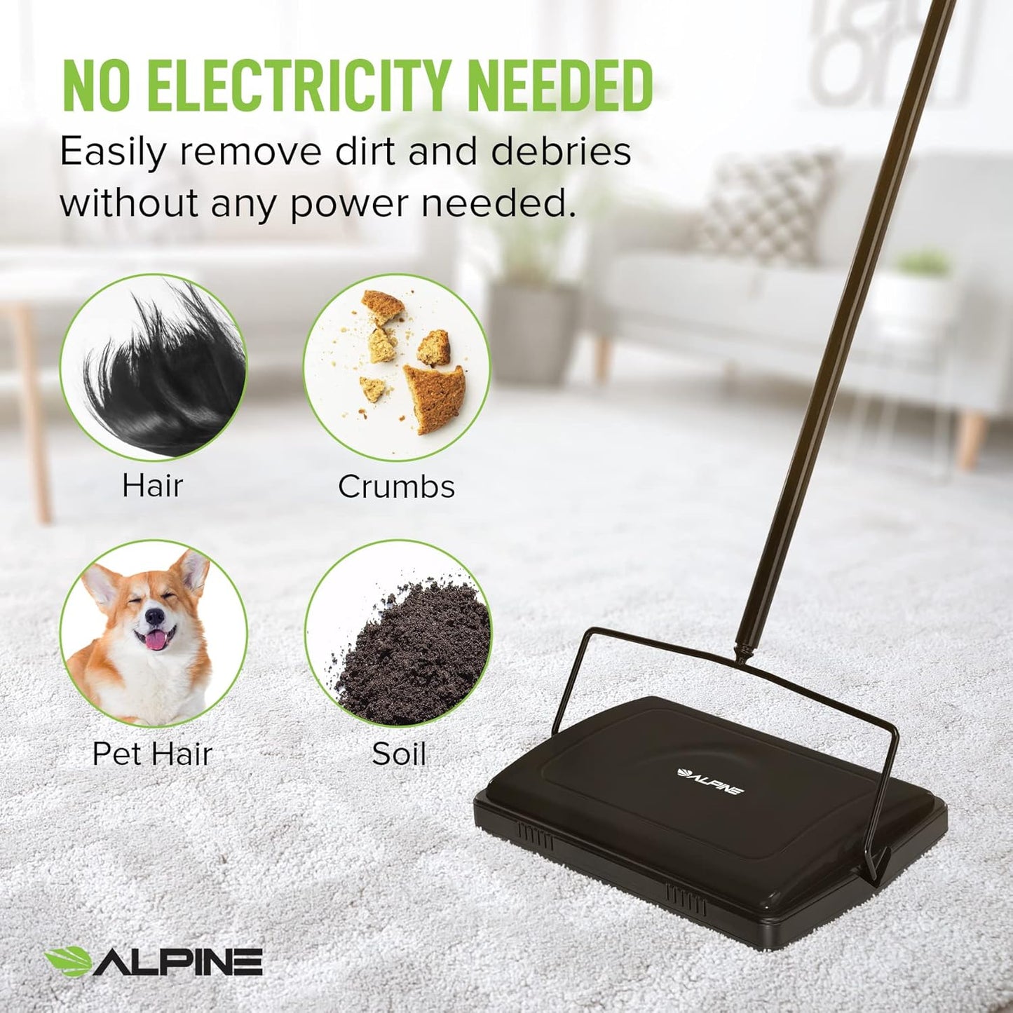Alpine Manual Carpet Sweeper Triple Brush – Cordless Non Electric Multi-Surface Floor Brush Hardwood Floor Cleaner Easy Sweeping for Carpeted Floors (Improved Black)
