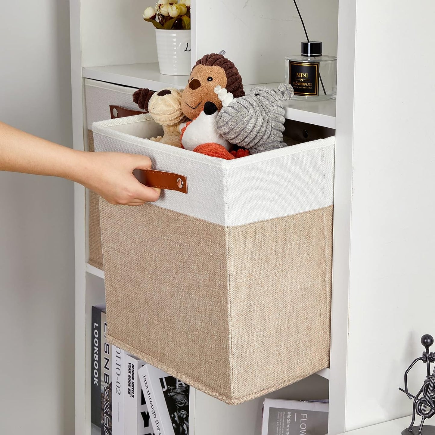 DULLEMELO Cube Storage Bins,13 x 13 x 13 inch Fabric Storage Cubes for Organizing,Collapsible foldable Linen Canvas Closet Storage Bins for Shelves Closet Bedroom Toys Home Office(White&Khaki-4 Pack)