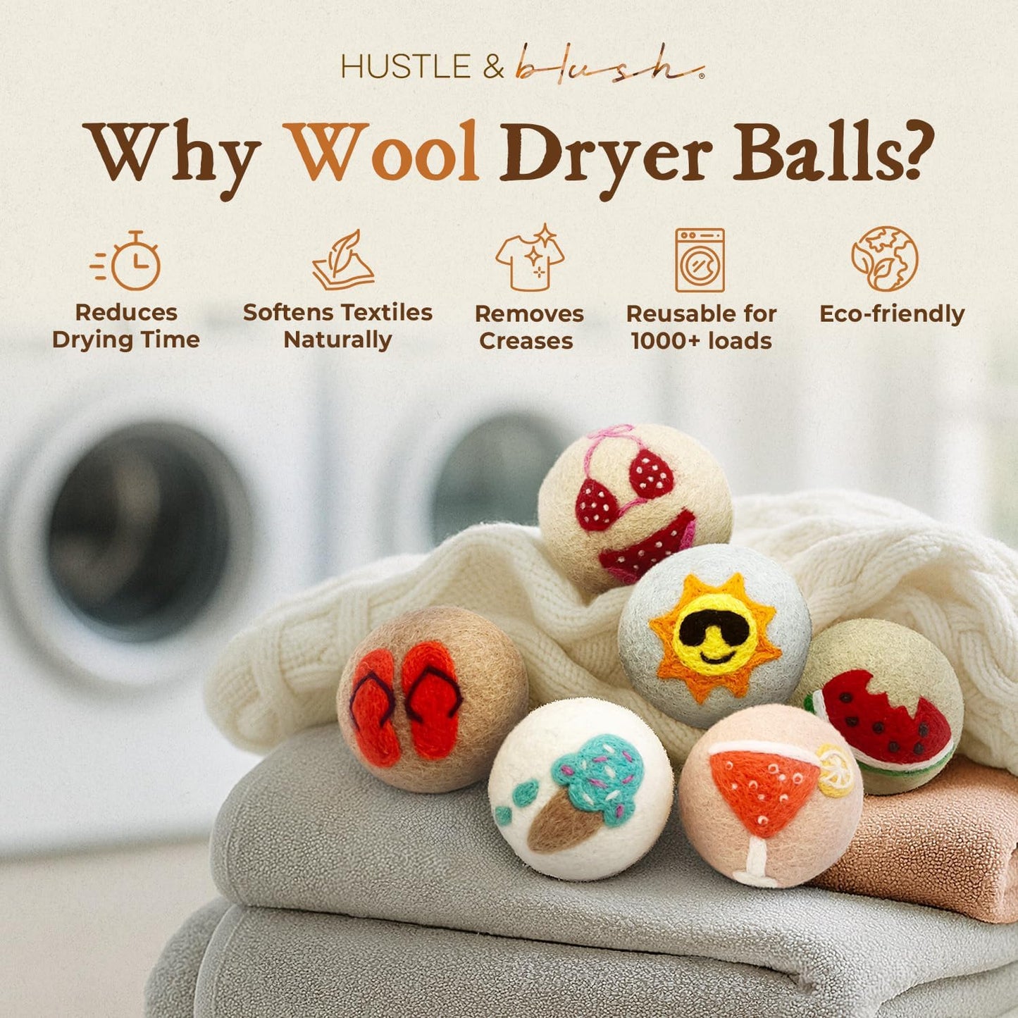 Fluff Ewes Wool Dryer Balls 6 Pack Premium New Zealand Wool Laundry Balls for Dryer, No Static Dryer Balls Laundry Reusable, XL Wool Dryer Balls Cute, Baby Dryer Balls for Dryers - Fun in The Sun