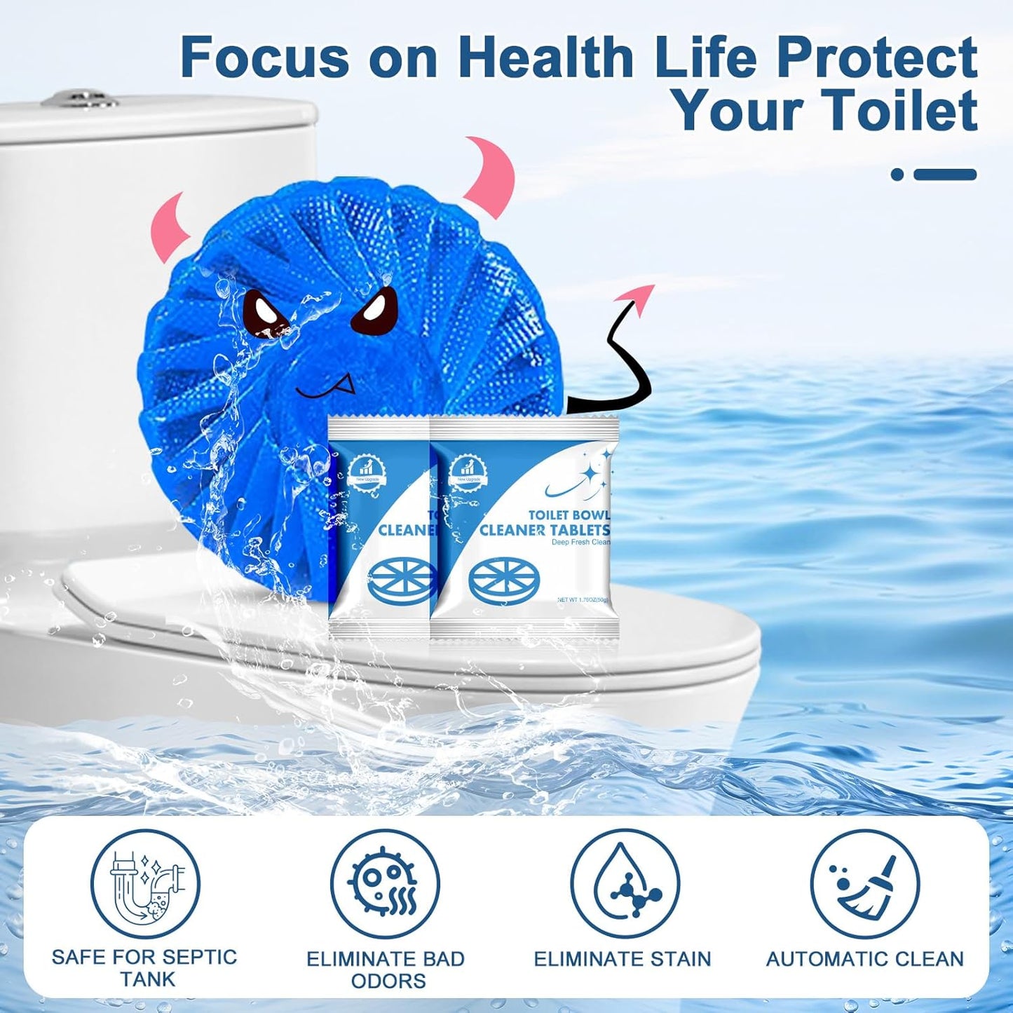 Toilet Bowl Cleaners, Automatic Toilet Bowl Cleaner Tablets Blue Gel Powerful Clean, Septic Safe Toilet Tank Cleaner, Bathroom Deodorizer & Prevent Stain, Fresh Scent-10 PACKS