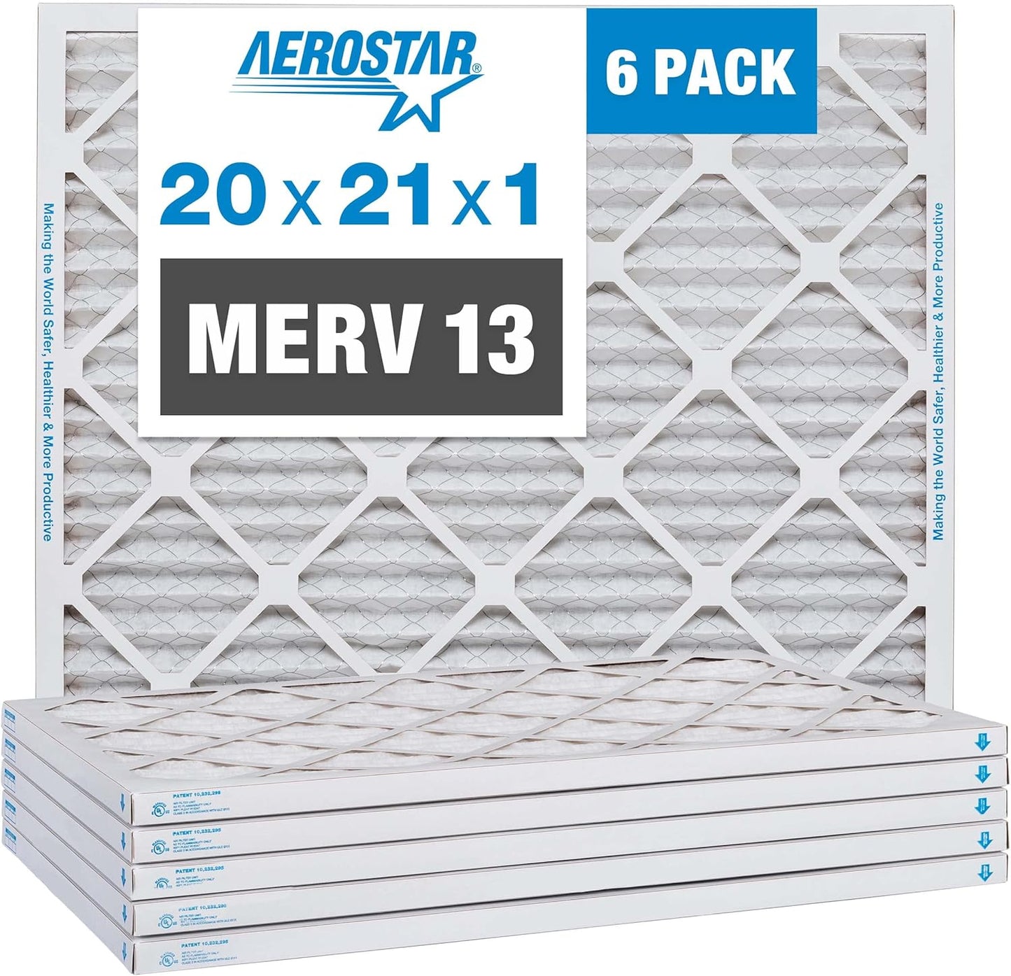 Aerostar 20x21x1 MERV 13 Pleated Air Filter, AC Furnace Air Filter, 6 Pack (Actual Size: 19 7/8" x 20 7/8" x 3/4")
