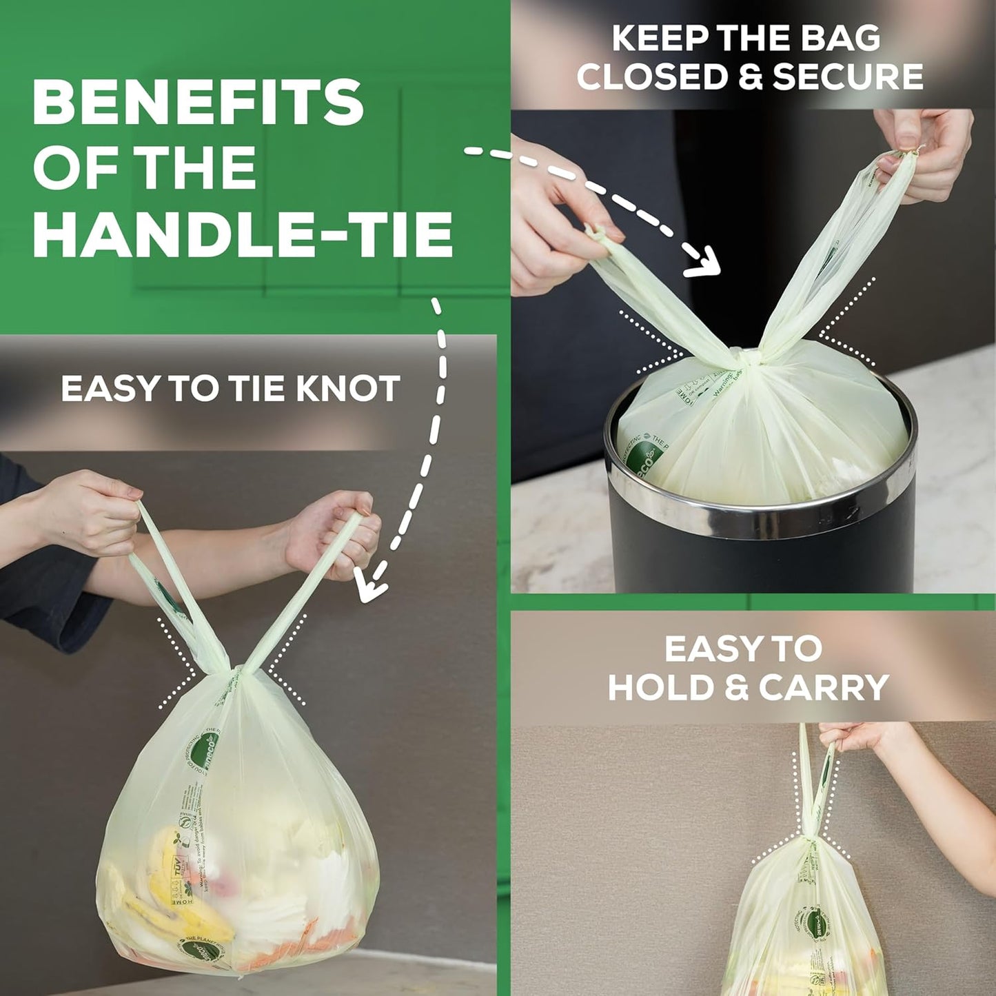 ANECO 4 Gallon Compostable Food Waste Bags with Handles, Extra Thick Compost Bags for Medium Kitchen Garbage/Bathroom Bin, OK Compost HOME & BPI Certified Compostable Bags