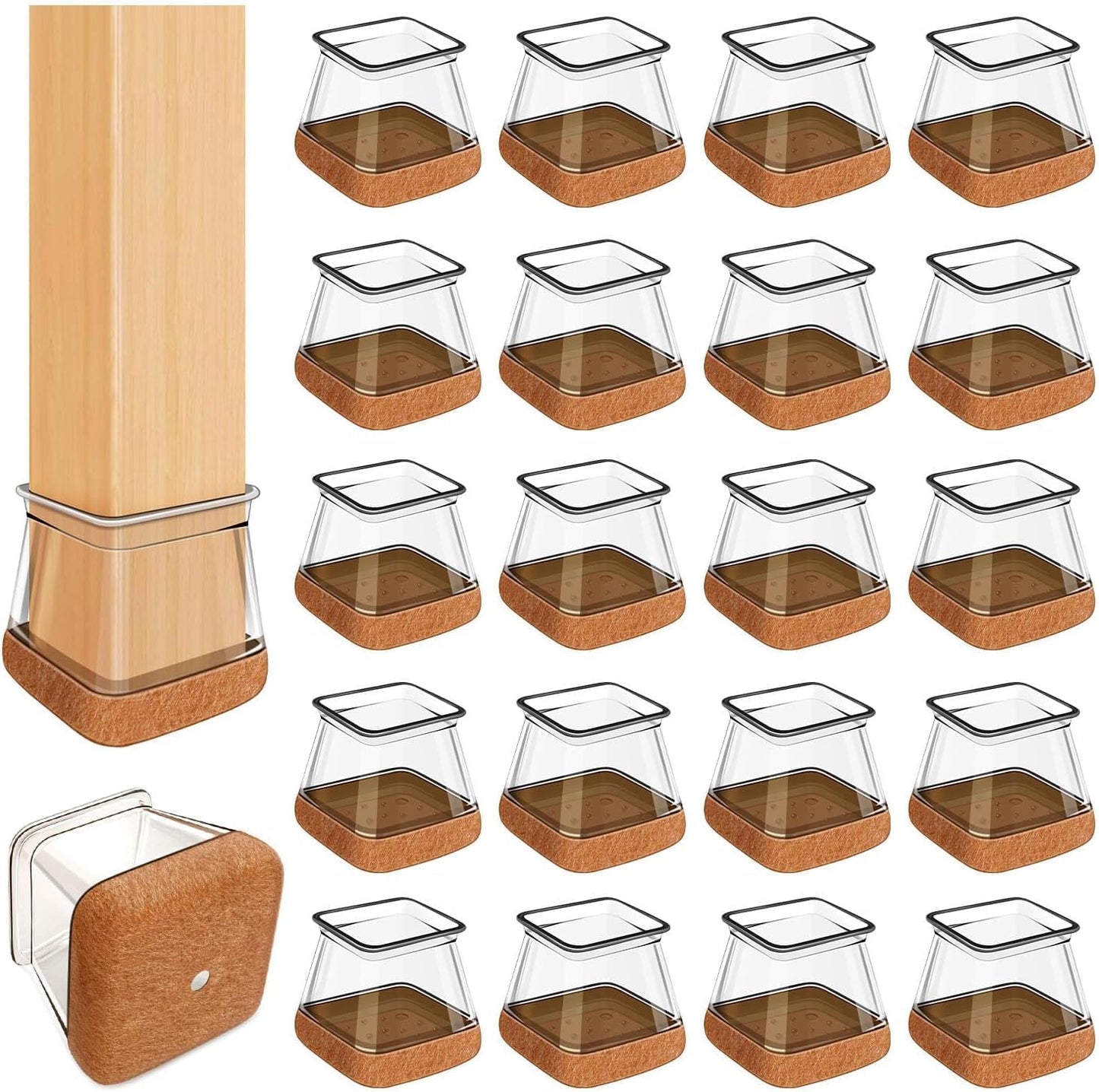 20 Pcs Chair Leg Floor Protectors for Hardwood Floors, Clear Rubber Furniture Sliders with Felt, Silicone Furniture Leg Caps Covers (Fit Square Diameter:1.06" to 1.44")