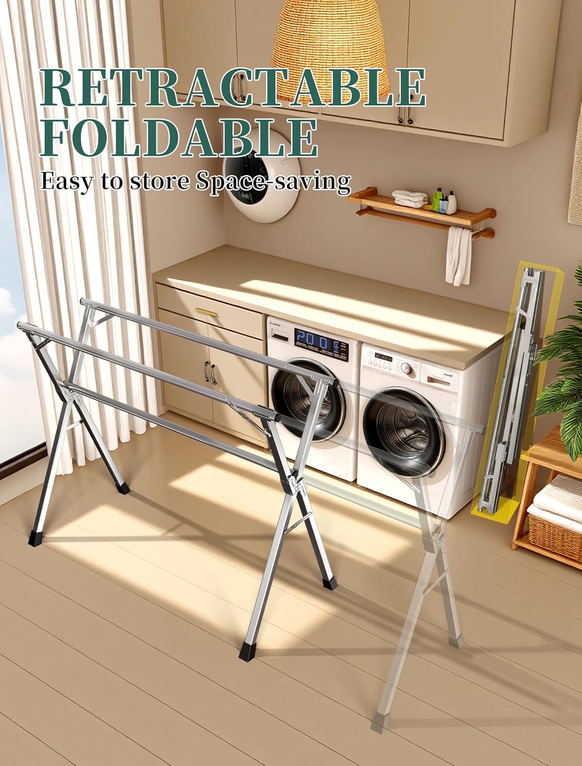 79 Inches Heavy - Duty Stainless Steel Folding Clothes Drying Rack - Indoor/Outdoor Use, Anti-Rust, 20 Windproof Hooks, Portable & Foldable (79'')