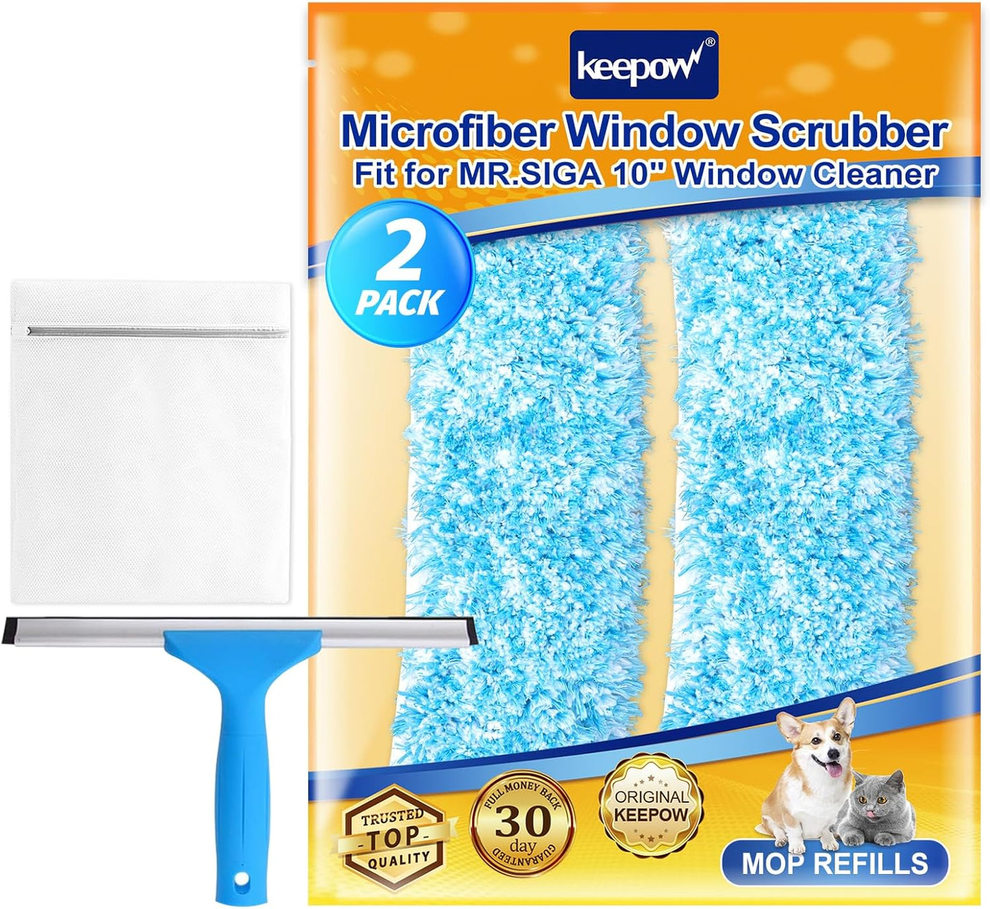 KEEPOW 10" Professional Microfiber Window Scrubber Refill Replacement Compatible with MR.SIGA, Compatible with Ettore Window Cleaning Tools, Reusable & Washable Window Squeegee for Home (2 Pack)