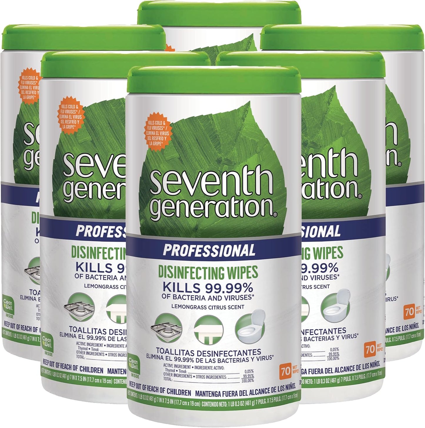 Seventh Generation Professional Disinfecting Multi Surface Wipes, Lemongrass Citrus, 70 count Tubs (Pack of 6)