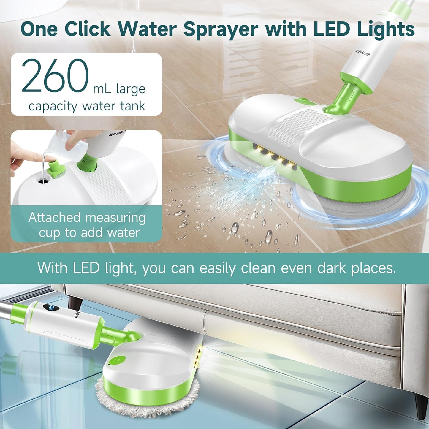 AlfaBot Cordless Electric Mop for Floor Cleaning, Dual Spin Mop with LED Headlight/Water Spray/Self-Propelled,Clean up to 2700 ft²,Rechargeable Electric Mops with Big Water Tank for Multi Floors