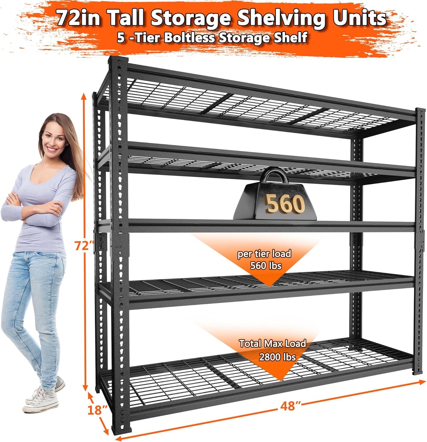 Storage Shelves Heavy Duty, 2 PCS 48" L x 18" W x 72" H Garage Wire Shelving Unit Loads 2800LBS, 5-tier Adjustable Metal Industrial Utility Shelf Rack for Kitchen, Laundry Room, Warehouse, Basement